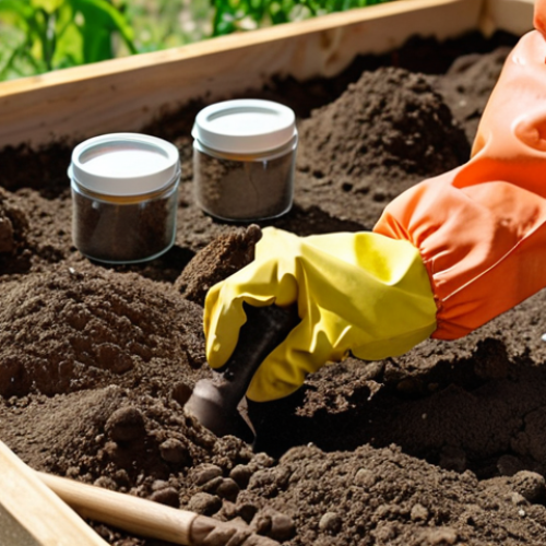 **

A person wearing safety goggles and gloves, carefully examining a soil sample while working in a garden. Focus on the safety aspects: proper attire, organized workspace, and tools laid out neatly. Depict a sense of responsibility and attentiveness.

**