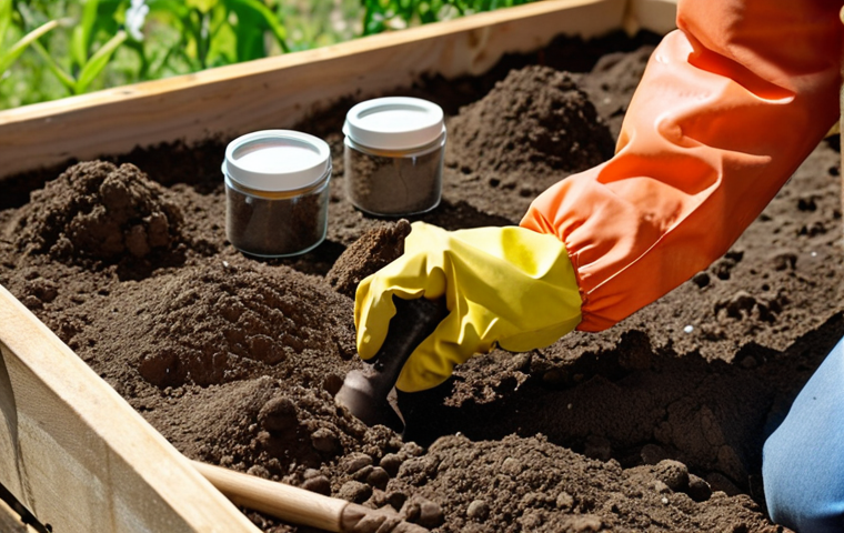 **

A person wearing safety goggles and gloves, carefully examining a soil sample while working in a garden. Focus on the safety aspects: proper attire, organized workspace, and tools laid out neatly. Depict a sense of responsibility and attentiveness.

**