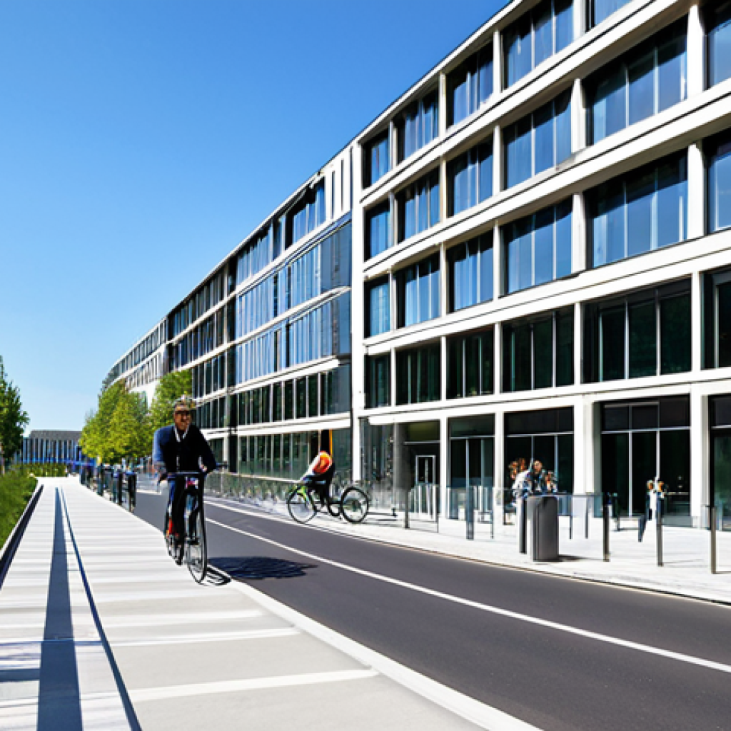 Sustainable Building in France**

"Exterior of a modern, energy-efficient office building in Lyon, France, showcasing solar panels and green spaces.  The building is surrounded by pedestrian walkways and bicycle lanes. People are walking and cycling, fully clothed in professional attire. Clear blue sky. Safe for work, appropriate content, fully clothed, professional, perfect anatomy, correct proportions, natural pose, high quality, well-formed hands, proper finger count, natural body proportions, French architecture."

**