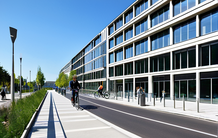 Sustainable Building in France**
"Exterior of a modern, energy-efficient office building in Lyon, France, showcasing solar panels and green spaces. The building is surrounded by pedestrian walkways and bicycle lanes. People are walking and cycling, fully clothed in professional attire. Clear blue sky. Safe for work, appropriate content, fully clothed, professional, perfect anatomy, correct proportions, natural pose, high quality, well-formed hands, proper finger count, natural body proportions, French architecture."
**