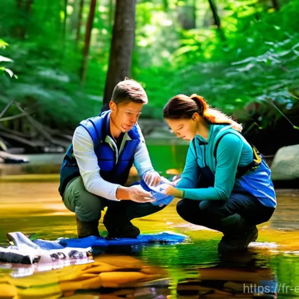 환경보호 실습 결과 보고서 작성법 - A group of three enthusiastic and diverse environmental researchers, dressed in practical and modest...