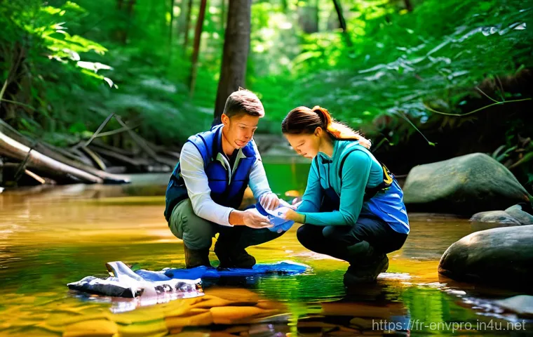 환경보호 실습 결과 보고서 작성법 - A group of three enthusiastic and diverse environmental researchers, dressed in practical and modest...