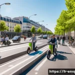 Home 22 환경보호 분야 최신 트렌드 - A bustling Parisian street scene showcasing sustainable urban mobility: diverse people wearing casua...