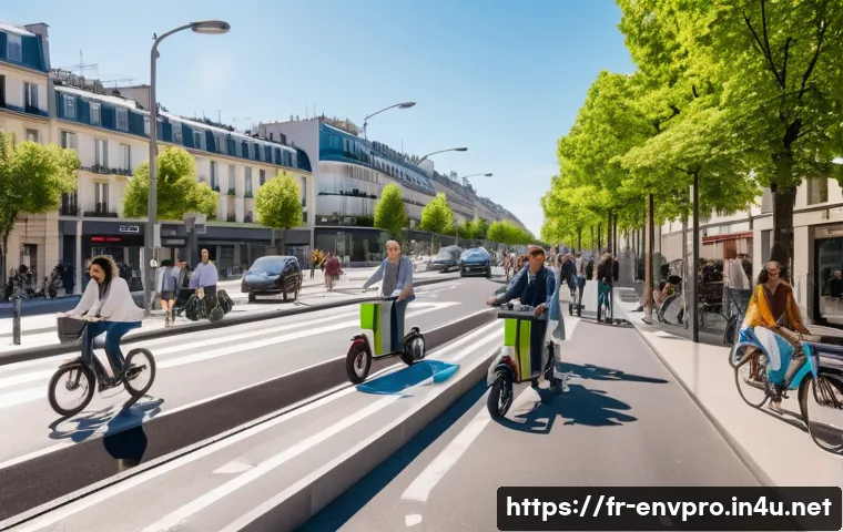 환경보호 분야 최신 트렌드 - A bustling Parisian street scene showcasing sustainable urban mobility: diverse people wearing casua...