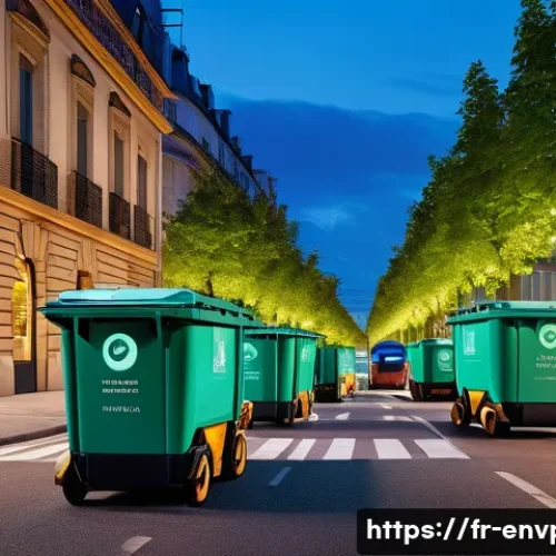 Home 33 환경보호 실무와 융합 기술 활용 사례 - A modern French city street scene at dusk featuring smart waste containers equipped with glowing con...