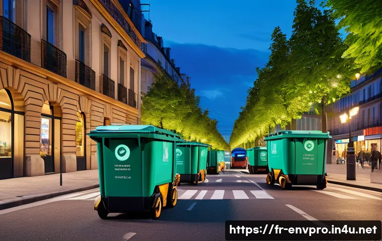 환경보호 실무와 융합 기술 활용 사례 - A modern French city street scene at dusk featuring smart waste containers equipped with glowing con...