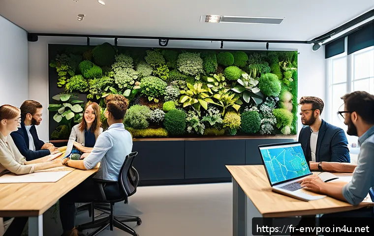 환경보호 직무와 전문성 개발 전략 - A diverse group of environmental professionals collaborating in a modern co-working space, featuring...
