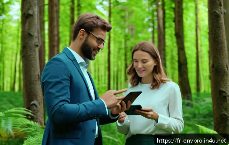 환경보호 관련 해외 취업 정보 - A diverse group of international environmental professionals collaborating outdoors in a lush Europe...