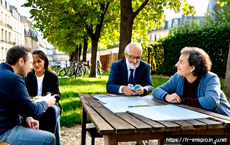 환경보호 관련 네트워크 형성 방법 - Photorealistic community environmental networking event in a sunlit Paris neighborhood garden, diver...